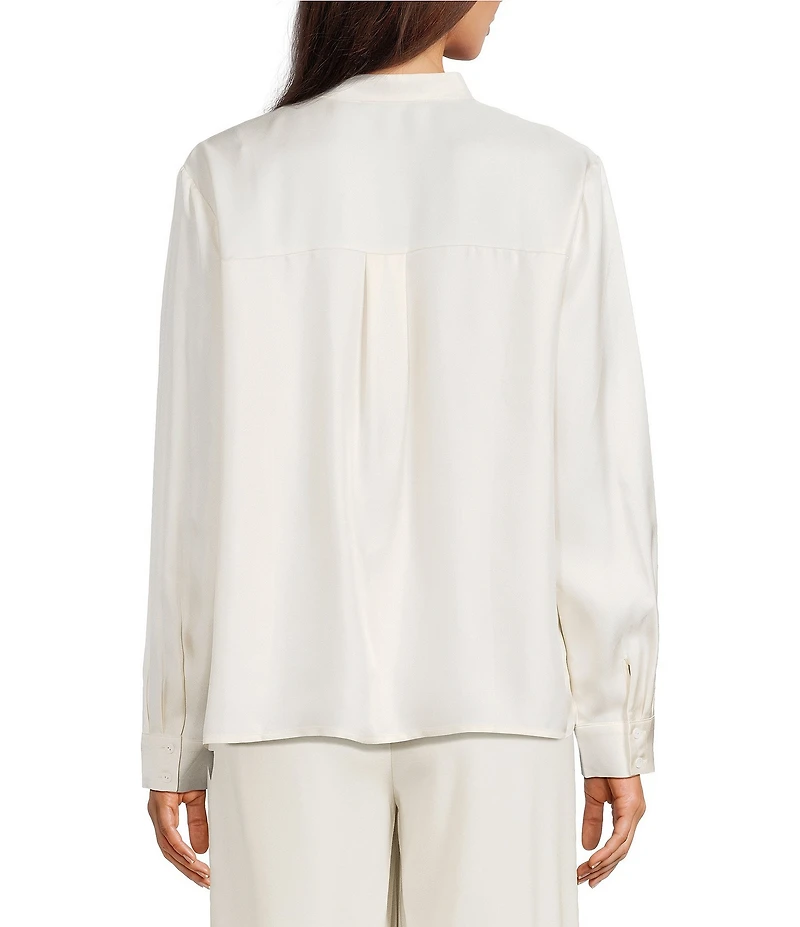 Eileen Fisher Silk Twill Mandarin Collar Long Sleeve Button Front Top