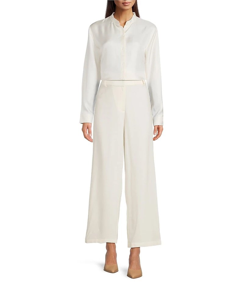 Eileen Fisher Silk Twill Mandarin Collar Long Sleeve Button Front Top