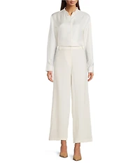 Eileen Fisher Silk Twill Mandarin Collar Long Sleeve Button Front Top