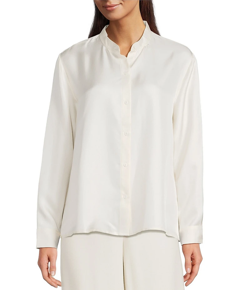 Eileen Fisher Silk Twill Mandarin Collar Long Sleeve Button Front Top