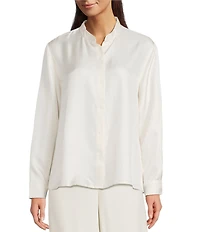 Eileen Fisher Silk Twill Mandarin Collar Long Sleeve Button Front Top