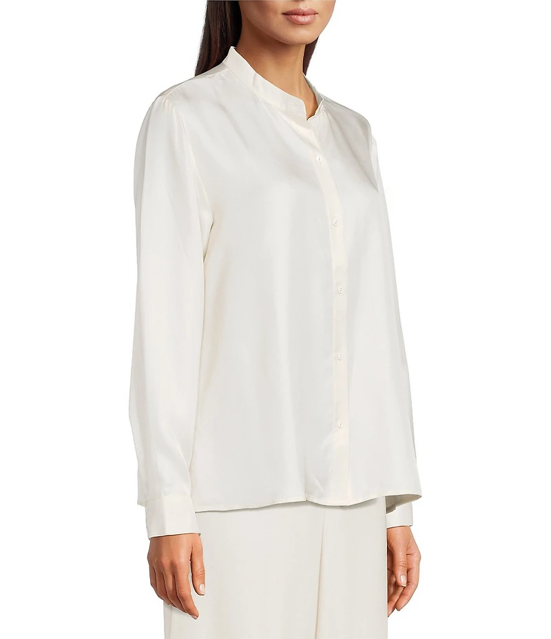 Eileen Fisher Silk Twill Mandarin Collar Long Sleeve Button Front Top