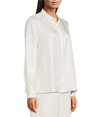 Eileen Fisher Silk Twill Mandarin Collar Long Sleeve Button Front Top