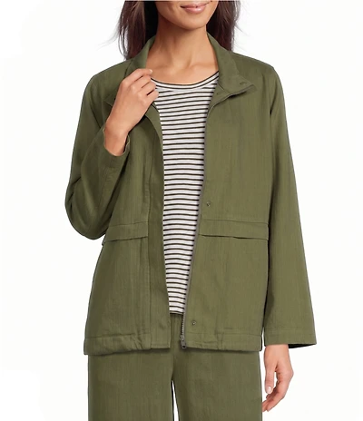 Eileen Fisher Slubby Organic Cotton-Linen High Collar Long Sleeve Zip-Up Jacket