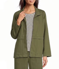 Eileen Fisher Slubby Organic Cotton-Linen High Collar Long Sleeve Zip-Up Jacket