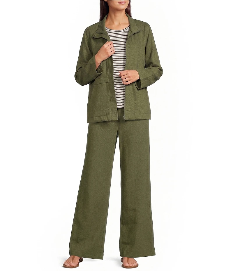Eileen Fisher Slubby Organic Cotton-Linen High Collar Long Sleeve Zip-Up Jacket