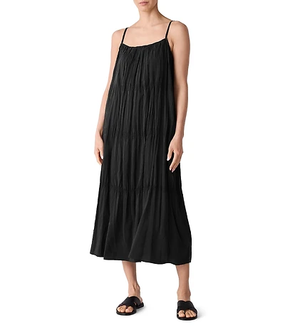 Eileen Fisher Smocked Silk Scoop Neck Sleeveless Cami Midi Dress