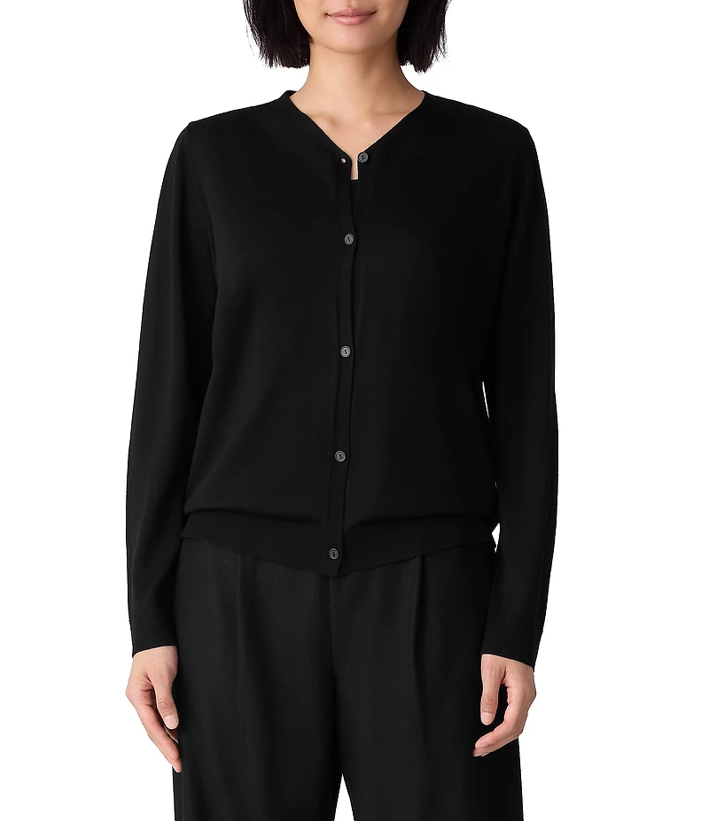 Eileen Fisher Soft Knit Wool V-Neck Long Sleeve Cardigan