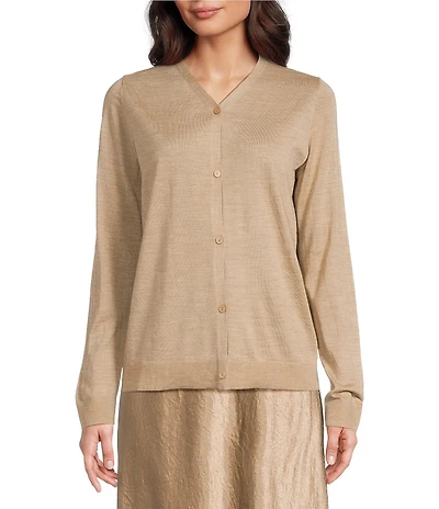 Eileen Fisher Soft Knit Wool V-Neck Long Sleeve Cardigan