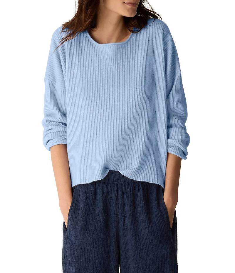 Eileen Fisher Soft Organic Cotton Blend Knit Round Neck Long Sleeve Top