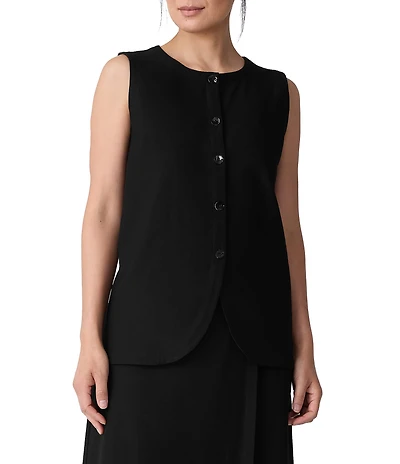 Eileen Fisher Stretch Crepe Round Neck Sleeveless Button Front Vest