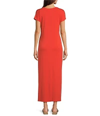 Eileen Fisher Stretch Jersey Knit Crew Neck Cap Sleeve Tie Front Midi Dress