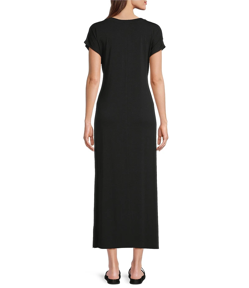 Eileen Fisher Stretch Jersey Knit Crew Neck Cap Sleeve Tie Front Midi Dress
