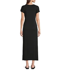 Eileen Fisher Stretch Jersey Knit Crew Neck Cap Sleeve Tie Front Midi Dress