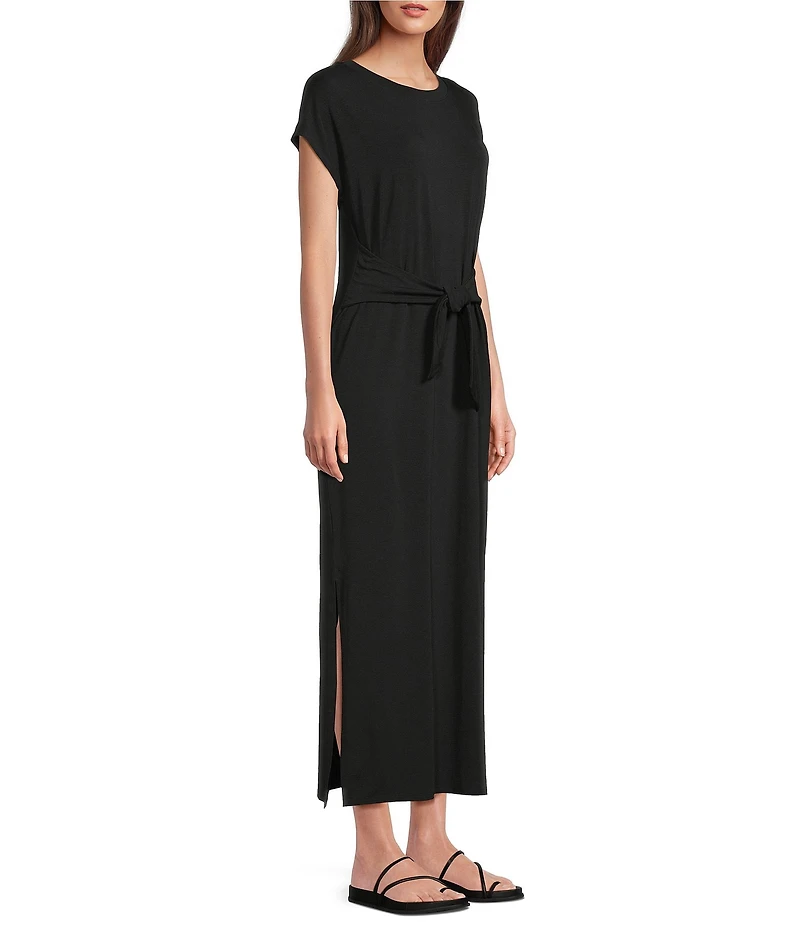 Eileen Fisher Stretch Jersey Knit Crew Neck Cap Sleeve Tie Front Midi Dress