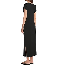 Eileen Fisher Stretch Jersey Knit Crew Neck Cap Sleeve Tie Front Midi Dress