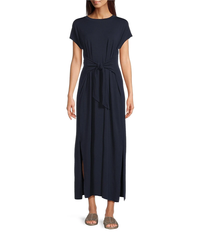 Eileen Fisher Stretch Jersey Knit Crew Neck Cap Sleeve Tie Front Midi Dress