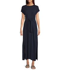 Eileen Fisher Stretch Jersey Knit Crew Neck Cap Sleeve Tie Front Midi Dress