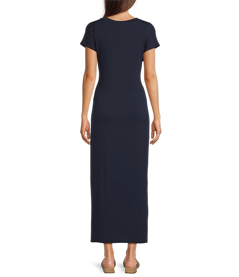 Eileen Fisher Stretch Jersey Knit Crew Neck Cap Sleeve Tie Front Midi Dress
