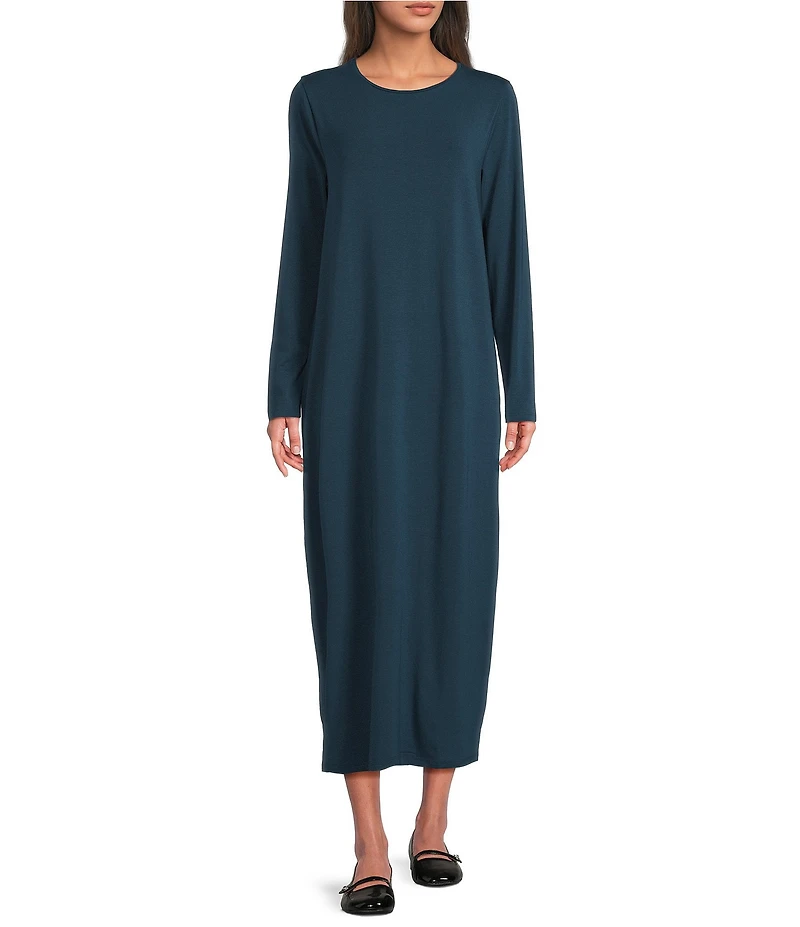 Eileen Fisher Stretch Jersey Knit Round Neck Long Sleeve Oval Midi Dress