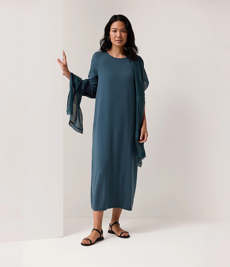 Eileen Fisher Stretch Jersey Knit Round Neck Long Sleeve Oval Midi Dress