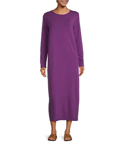 Eileen Fisher Stretch Jersey Knit Round Neck Long Sleeve Oval Midi Dress