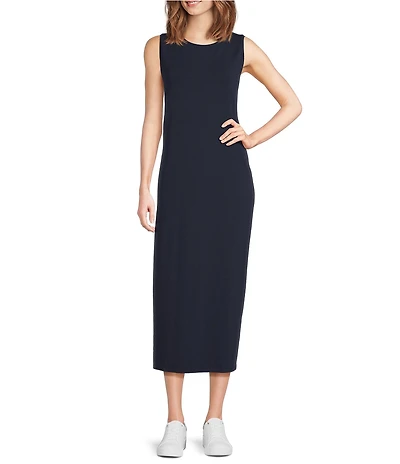 Eileen Fisher Stretch Jersey Knit Round Neck Sleeveless Oval Midi Dress