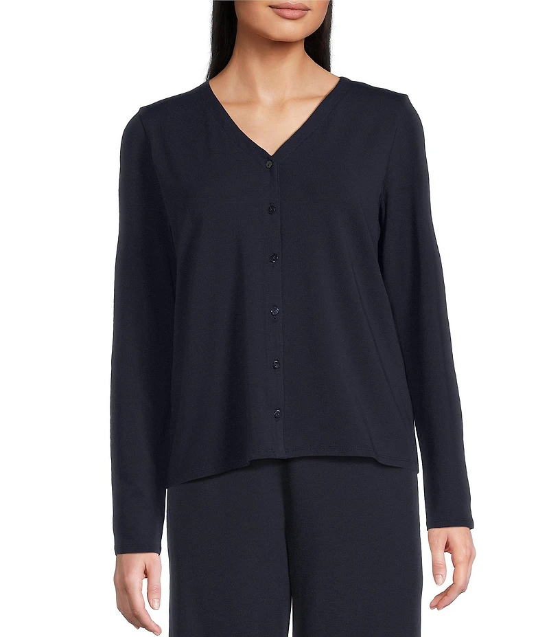 Eileen Fisher Stretch Jersey Knit V-Neck Long Sleeve Button Front Top