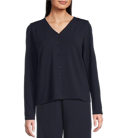 Eileen Fisher Stretch Jersey Knit V-Neck Long Sleeve Button Front Top