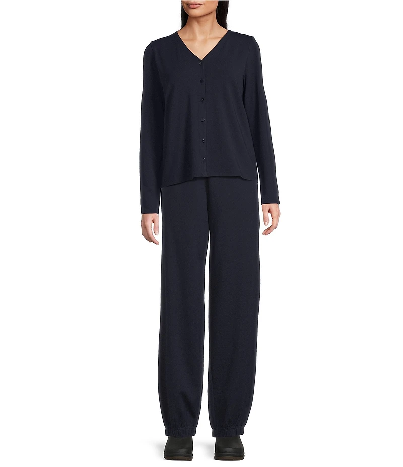 Eileen Fisher Stretch Jersey Knit V-Neck Long Sleeve Button Front Top