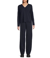 Eileen Fisher Stretch Jersey Knit V-Neck Long Sleeve Button Front Top
