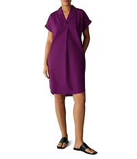 Eileen Fisher Stretch Organic Cotton Poplin Notch Collar Cap Sleeve Boxy Shift Dress