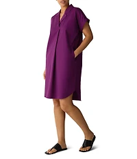 Eileen Fisher Stretch Organic Cotton Poplin Notch Collar Cap Sleeve Boxy Shift Dress