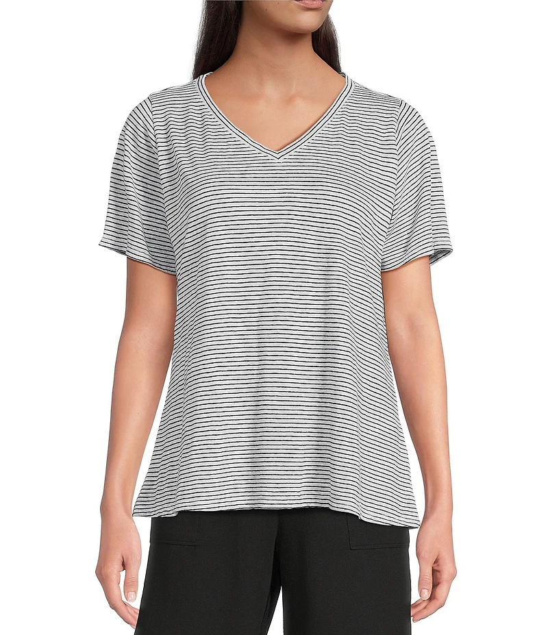 Eileen Fisher Stripe Organic Linen Jersey V-Neck Short Sleeve Tee