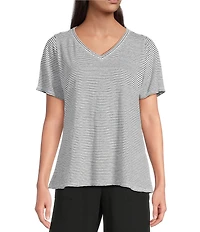 Eileen Fisher Stripe Organic Linen Jersey V-Neck Short Sleeve Tee
