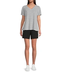 Eileen Fisher Stripe Organic Linen Jersey V-Neck Short Sleeve Tee