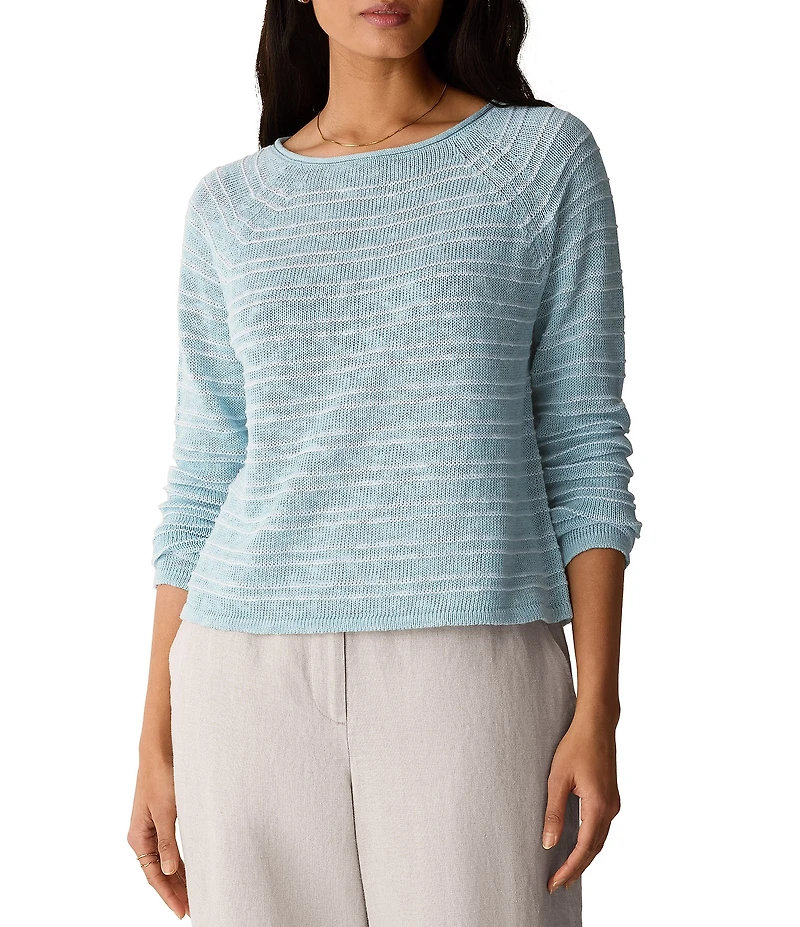 Eileen Fisher Stripe Slub Knit Boat Neck Long Sleeve Top