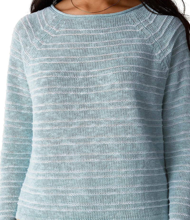 Eileen Fisher Stripe Slub Knit Boat Neck Long Sleeve Top