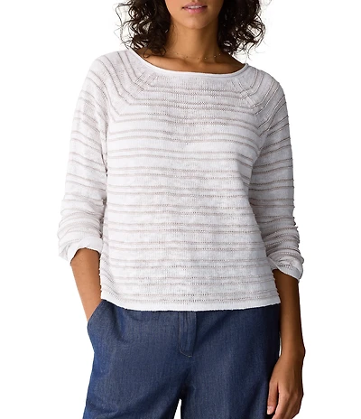 Eileen Fisher Stripe Slub Knit Boat Neck Long Sleeve Top