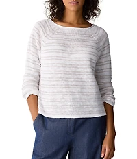 Eileen Fisher Stripe Slub Knit Boat Neck Long Sleeve Top