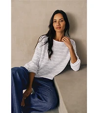 Eileen Fisher Stripe Slub Knit Boat Neck Long Sleeve Top