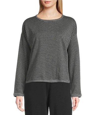 Eileen Fisher Striped Brushed Terry Round Neck Long Sleeve Box Top