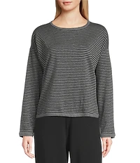 Eileen Fisher Striped Brushed Terry Round Neck Long Sleeve Box Top