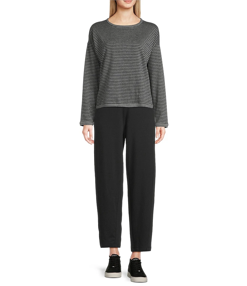 Eileen Fisher Striped Brushed Terry Round Neck Long Sleeve Box Top