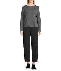 Eileen Fisher Striped Brushed Terry Round Neck Long Sleeve Box Top