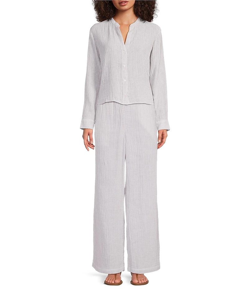 Eileen Fisher Striped Organic Cotton Gauze Wide-Leg Pull-On Pants