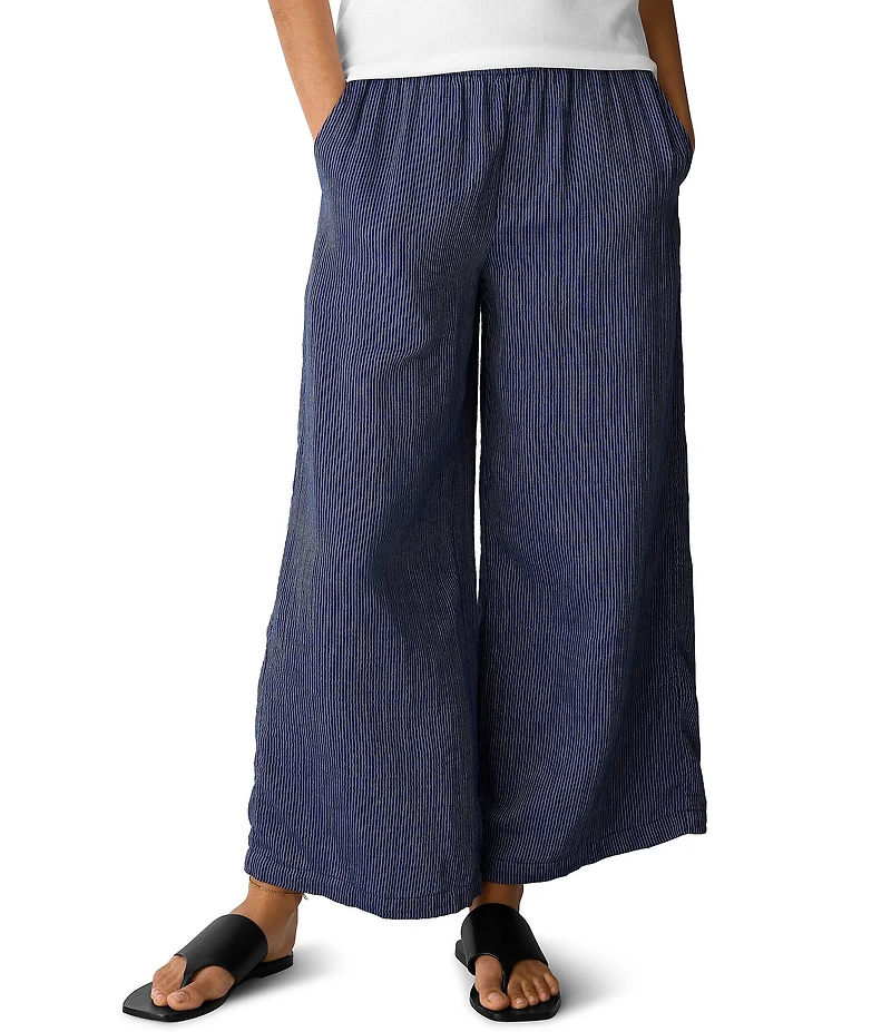 Eileen Fisher Striped Organic Cotton Gauze Wide-Leg Pull-On Pants