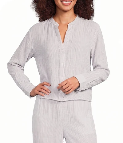 Eileen Fisher Striped Oragnic Cotton Gauze Split Mandarin Collar Long Sleeve Shirt