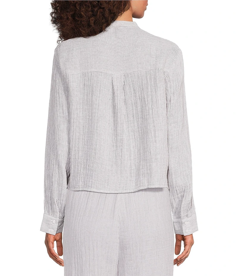 Eileen Fisher Striped Oragnic Cotton Gauze Split Mandarin Collar Long Sleeve Shirt