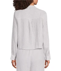 Eileen Fisher Striped Oragnic Cotton Gauze Split Mandarin Collar Long Sleeve Shirt